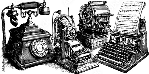 Vintage telephone and typewriter set depicted in detailed engraving style. A historical vector illustration showcasing classic office equipment.