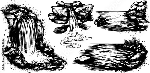 Waterfall and lake scenes in black and white. Scenic vector illustration set of rocks, stream, and water features within a natural landscape.