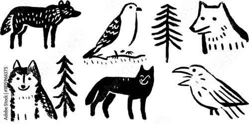 Illustration of animals: wolf, bird, and tree in black and white. Simple vector art set in a woodland style.