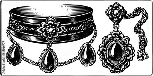 Vintage jewelry set featuring a hand-drawn choker and pendant. Elegant black outline vector illustration with floral design.