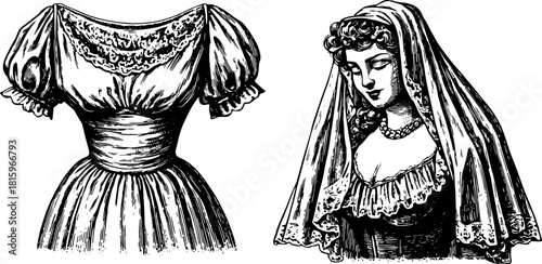 Vintage dress engraving illustration. Detailed vector image showcasing elegant fashion with lace and frill elements. The artwork is ideal for fashion sets.