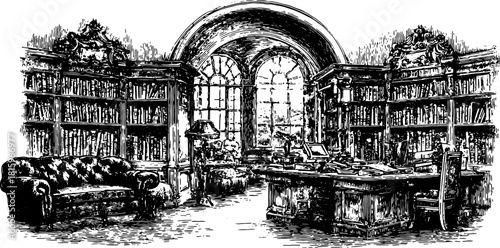 A vintage library interior featuring a classic desk, chair, and sofa. Detailed engraving of bookshelves creates a cozy study vector illustration.