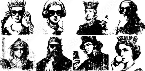 Engraved illustrations featuring antique portraits with various accessories. This vintage vector set showcases unique illustration designs.