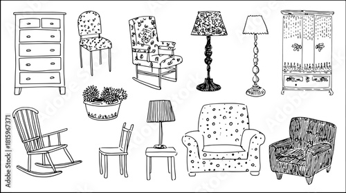 Various furniture items in a simple hand-drawn style. This black and white vector illustration depicts cozy home decor elements in a set.