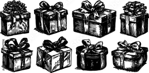 Vintage gift boxes in black outline. Hand-drawn set of decorative presents for any celebration, featuring elegant details and stylish designs, vector illustration.