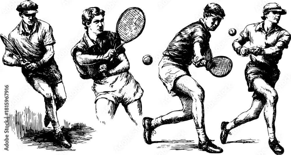 Naklejka premium Tennis player in action with a racket, showcasing skillful movements. Vintage black and white vector illustration presenting dynamic gameplay set.