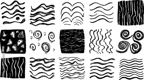 Various black and white pattern designs featuring different shapes and strokes. This set of vector illustrations showcases unique artistic styles and textures.