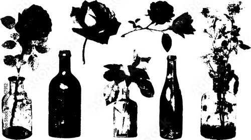 Vintage line drawing of roses in bottles. Black and white vector illustration featuring a decorative floral set.