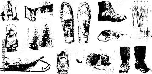Outdoor winter equipment including snowshoe, boot, and lantern. Black and white vector illustration depicting a set of nature and adventure items.