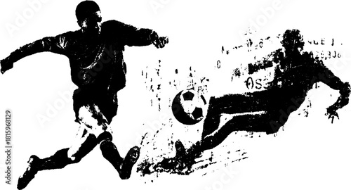 Soccer player in action, kicking a ball. Dynamic silhouette set in black and white, capturing the essence of competitive sport. Vector illustration.
