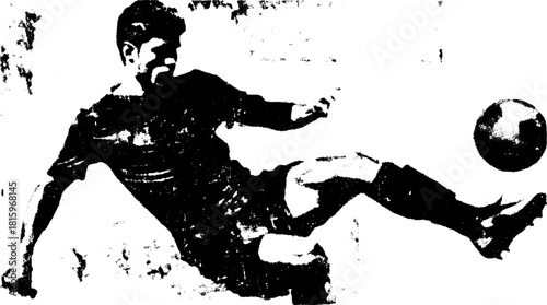 Soccer player kicking a ball in action. Dynamic vector illustration showcasing athletic performance and skill in a black and white graphic.