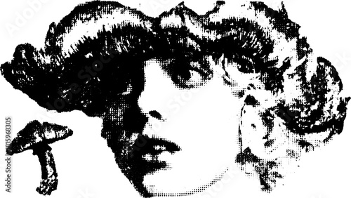 Mushroom and woman face in black and white. Artistic vector illustration highlighting contours in a modern and unusual style set.