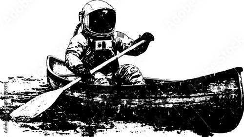 Astronaut in a canoe with paddle silhouette. Vintage hand-drawn vector illustration featuring a retro design set.