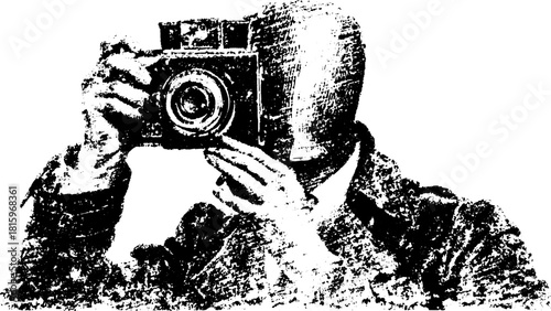 Vector illustration of a camera in vintage outline style. Black and white art set showcasing photographic equipment and texture.