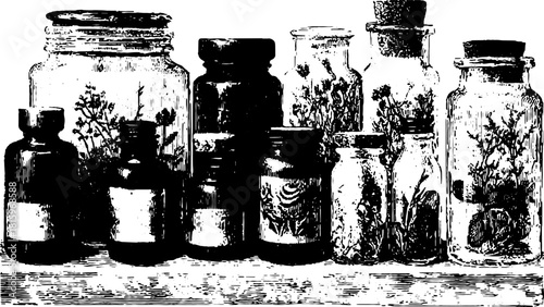 Vintage illustration of a set of jars and bottles. A detailed black and white engraving featuring classic apothecary designs, ideal for decorative use in various contexts.