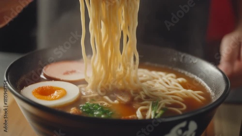 Miso ramen Japanese close-up plating steam rising toppings