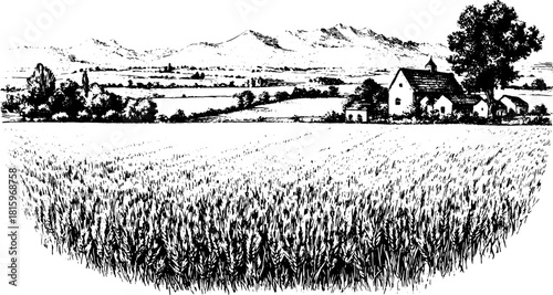 Vintage landscape engraving with a field and farmhouse, featuring mountains in the background. Simple black and white vector illustration.