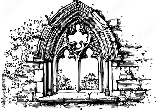 Vintage engraving of a gothic window outline. This intricate design features detailed stonework and foliage, presented as a vector illustration.
