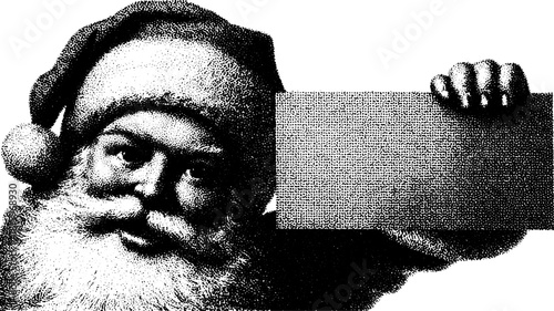 Santa Claus with a hat and beard holding a sign. Black and white vector illustration, simple design, ideal for holiday graphics.