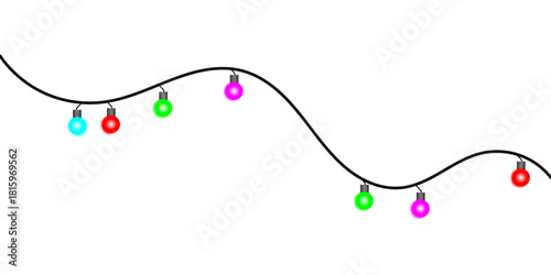 A festive string of glowing, multicolored Christmas light bulbs on a wavy black wire, isolated on a white background.