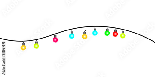 A festive string of colorful glowing Christmas lights hanging on a wavy wire against a white background.