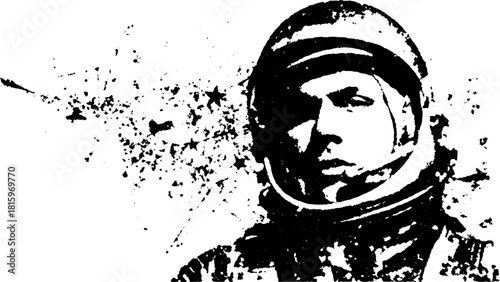 Astronaut in black and white vector illustration. Vintage art set depicting space exploration and technology concept.