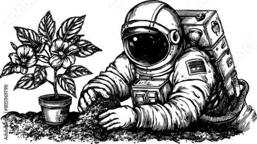 Astronaut planting a flower with a focus on soil and roots. Graphic illustration featuring a space theme in a vector format.