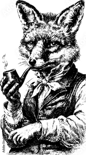Fox illustration in vintage style, featuring a dapper character with a smoking pipe. This black and white vector illustration emphasizes elegance and classic design.