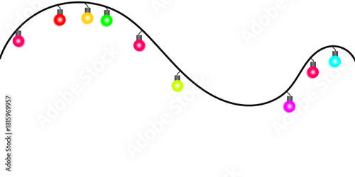 A wavy string of colorful, glowing light bulbs hanging on a black wire against a plain white background.