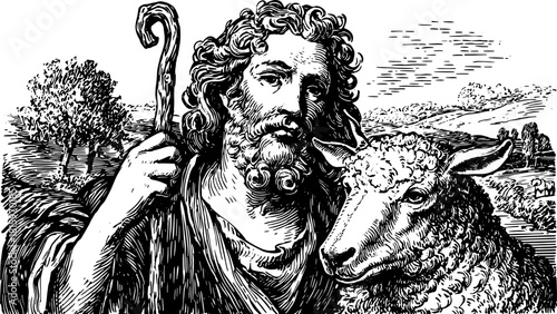 Shepherd with staff and sheep in a countryside landscape. Classic monochrome engraving style vector illustration.