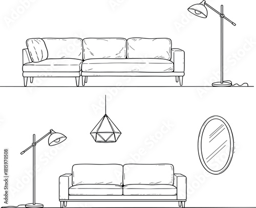 Hand-drawn collection of modern living room furniture including sofas, lamps, and decor elements. A minimalist line art sketch for interior design concepts