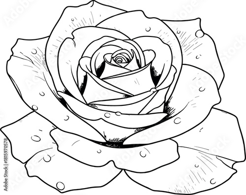 Detailed black and white drawing of a beautiful rose with water droplets on its petals