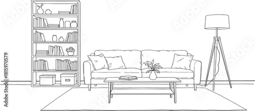 Cozy Living Room with Bookshelf, Sofa, and Coffee Table A Relaxing Interior Scene