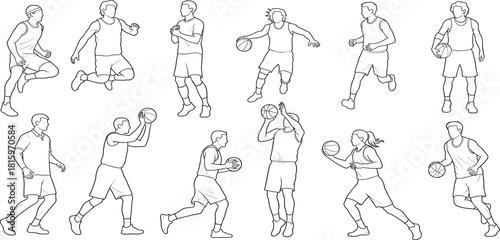 Set of vector line drawings featuring basketball players in dynamic action poses like dribbling, jumping, and shooting