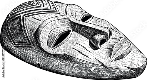 Monochromatic Carved Mask Illustration with Intricate Details and Texture