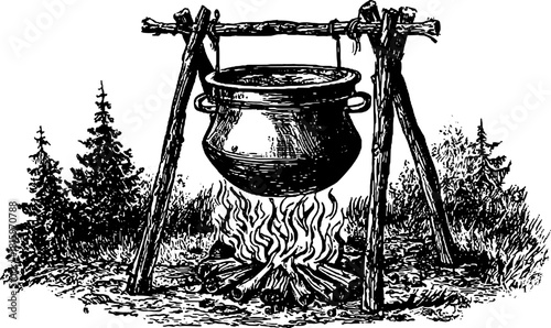 Vintage outline illustration of a cauldron over a campfire in a wilderness setting. The drawing captures an outdoor cooking scene in vector style.