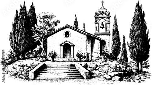 Vintage church building with cypress trees and stairs, featuring a bell tower. Detailed black and white vector illustration set.