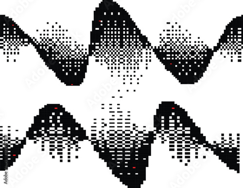 Pixel dither wavy abstract forms for video. Cyber punk bitmap texture. Bit gradient for Futuristic background . Glitched shapes with tiny squares.