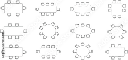A versatile collection of vector line icons depicting various furniture arrangements with tables and chairs from a top-down plan view