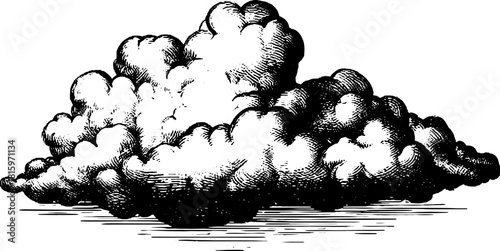 Vintage cloud illustration in black and white engraving style. Detailed vector drawing with texture, ideal for artistic designs or retro backgrounds.