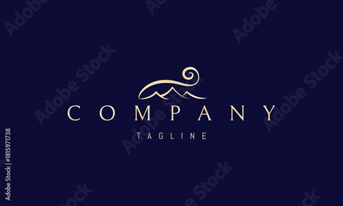 A vector golden logo featuring an abstract image linear mountains with a rising sun above the peaks.