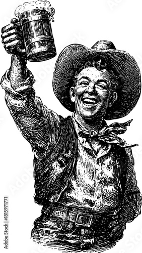 Cowboy celebrating with a beer mug and smiling in a vintage vector illustration. The scene captures a joyful moment with a traditional outdoor setting.