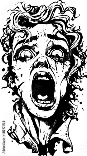 Vintage engraving of a screaming figure. This black and white illustration is filled with dynamic line work and detail, ideal for any art set.