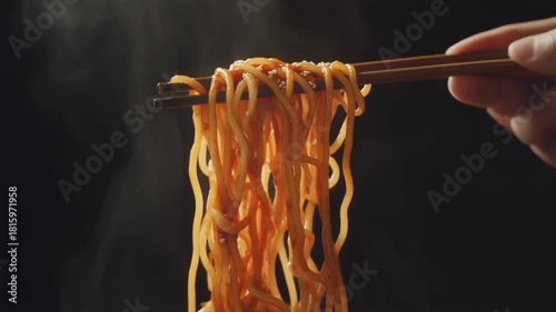 Dan dan mian Chinese Sichuan noodles reveal chopsticks lifting