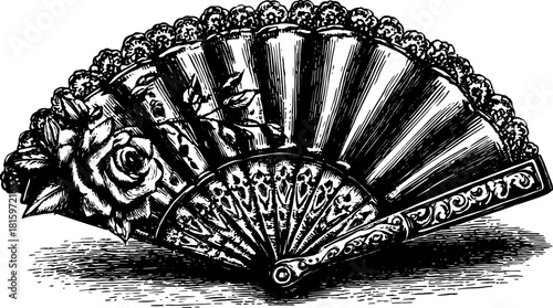 Antique fan engraving featuring roses and decorative details. This hand-drawn vintage illustration is presented as a vector set.
