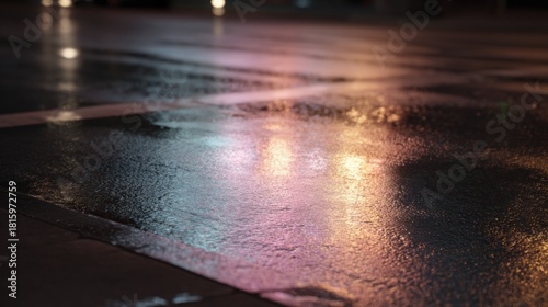 Fototapeta Naklejka Na Ścianę i Meble -  Close-up of a wet pavement at night. the pavement is wet and there are small puddles of water on it. the water is reflecting the light from the street lamps, creating a rainbow-like effect.