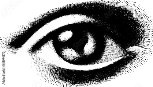Eye illustration in black and white with dot detail. Simple vector graphic design emphasizing vision and perception.
