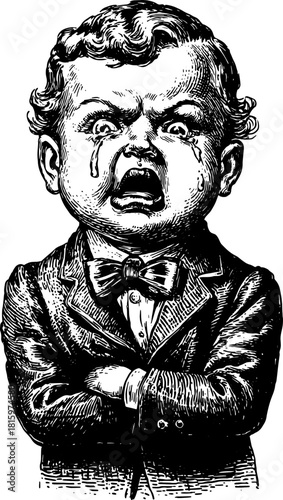 A vintage engraving of a crying boy in a suit with a bowtie. The illustration showcases a classic outline and stipple technique typical of antique vector art.