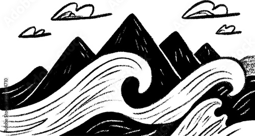 Stylized ocean waves and mountains in black and white. Simple vector illustration capturing a coastal landscape set.