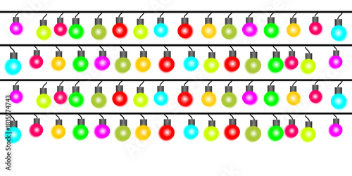 Four parallel strings of colorful, glowing Christmas lights hanging against a plain white background.